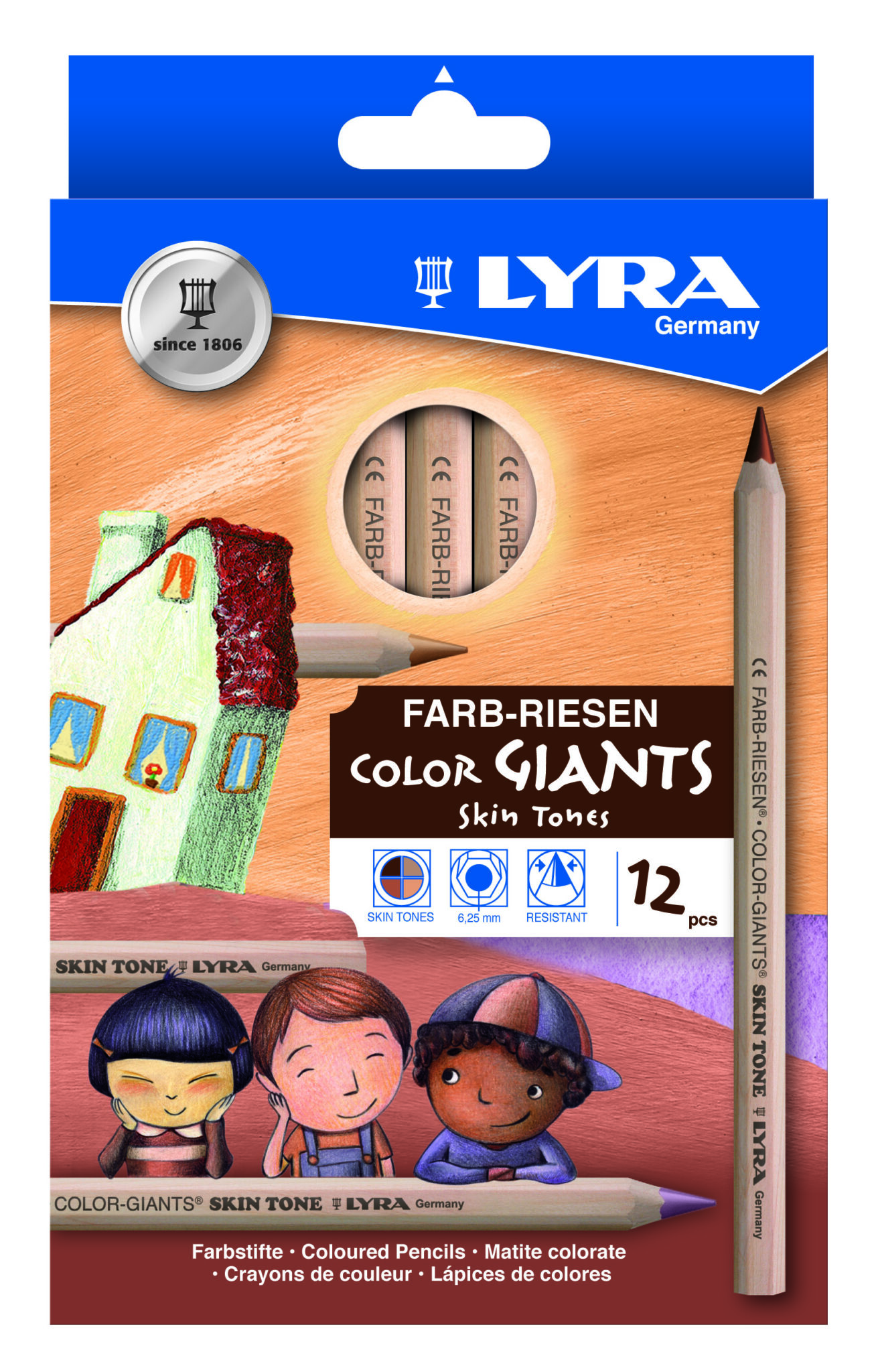Lyra Color Giants kleurpotloden in huidskleuren ass 12 st. Karton met 12 ongelakte kleurpotloden in huidskleuren spectrum.